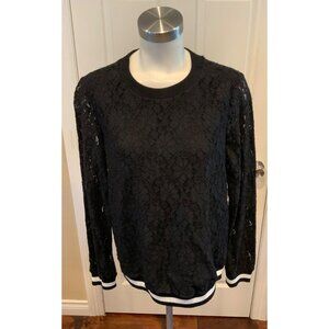 Michael Kors Black Floral Lace Long Sleeve Shirt W/Striped Elastic, Size M